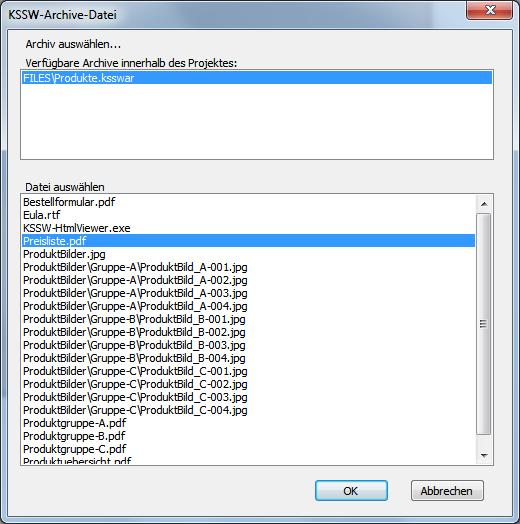 Dialog-Fenster zur Auswahl einer Datei aus einem KSSW-Archive